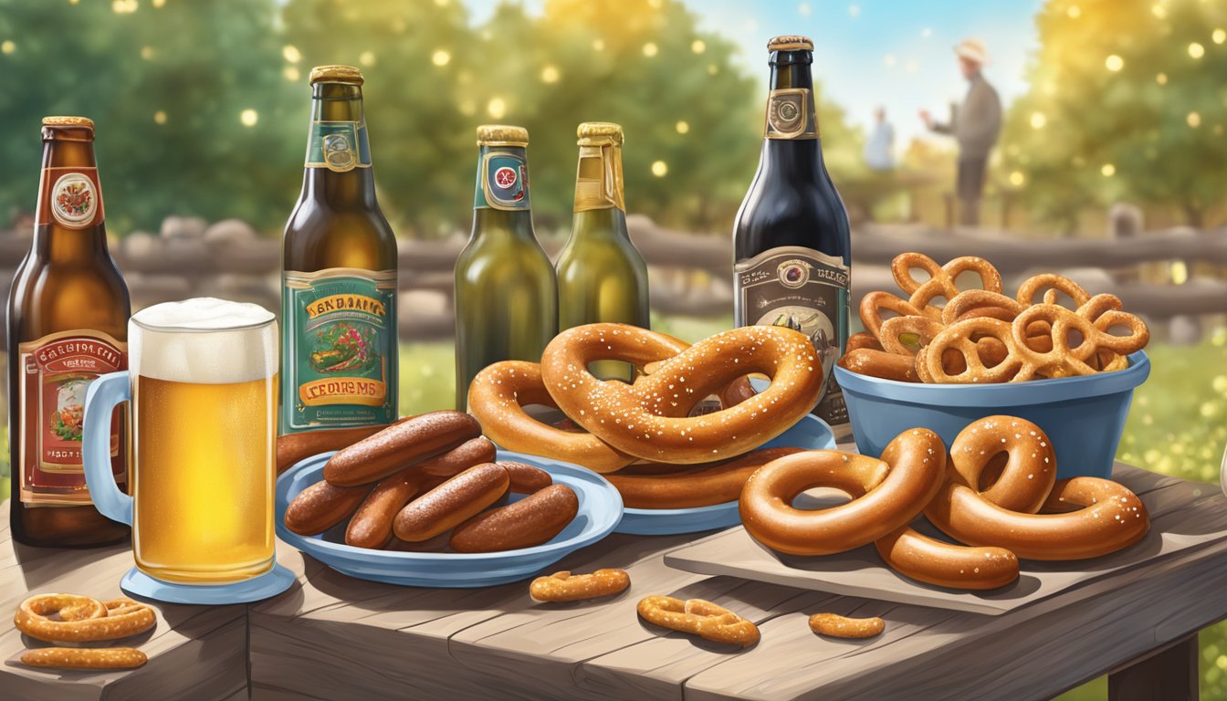 A festive outdoor beer garden with pretzels, sausages, and wine, evoking a taste of Germany in Texas