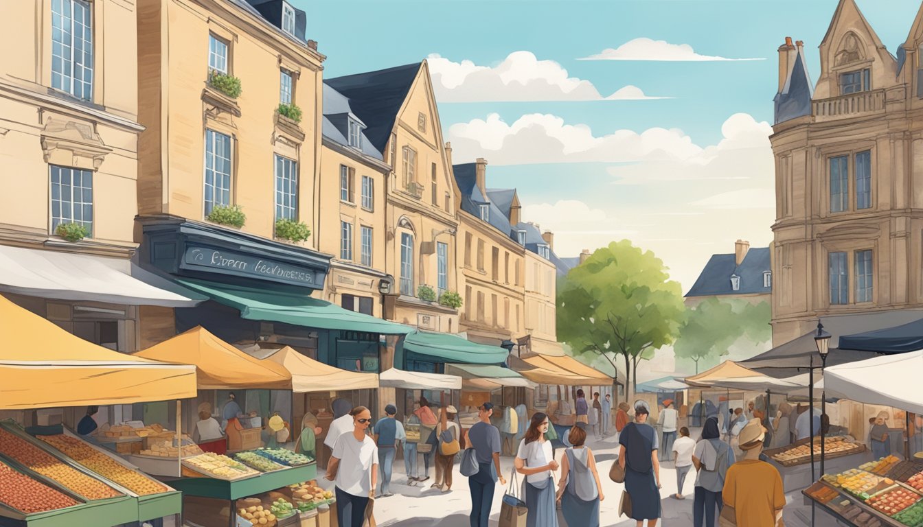 A bustling French market with vibrant stalls selling artisanal foods, surrounded by historic buildings in Denton