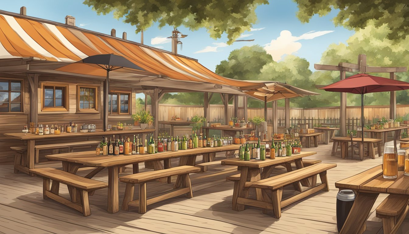 A rustic beer garden with wooden tables, pretzels, sausages, and a variety of beers and wines, evoking a taste of Germany in the heart of Texas