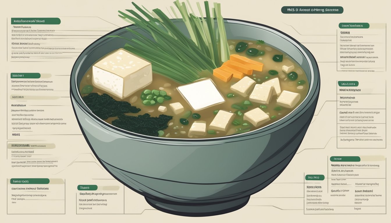 A bowl of miso soup with tofu, seaweed, and scallions, surrounded by various types of miso paste, soybeans, and nutritional information charts