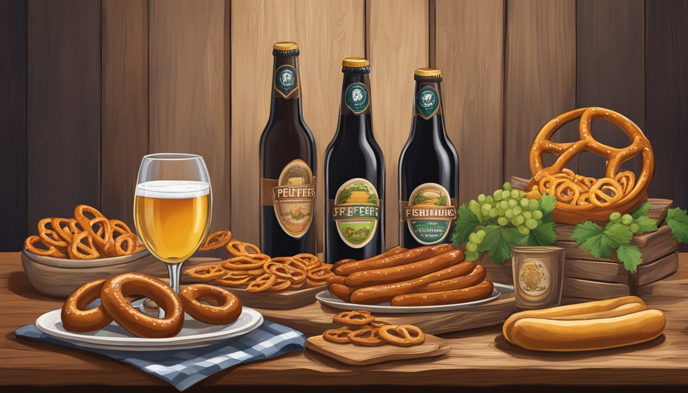 A rustic table set with pretzels, sausages, beer, and wine from Pfeiffer Vineyards, evoking a taste of Germany in the heart of Texas