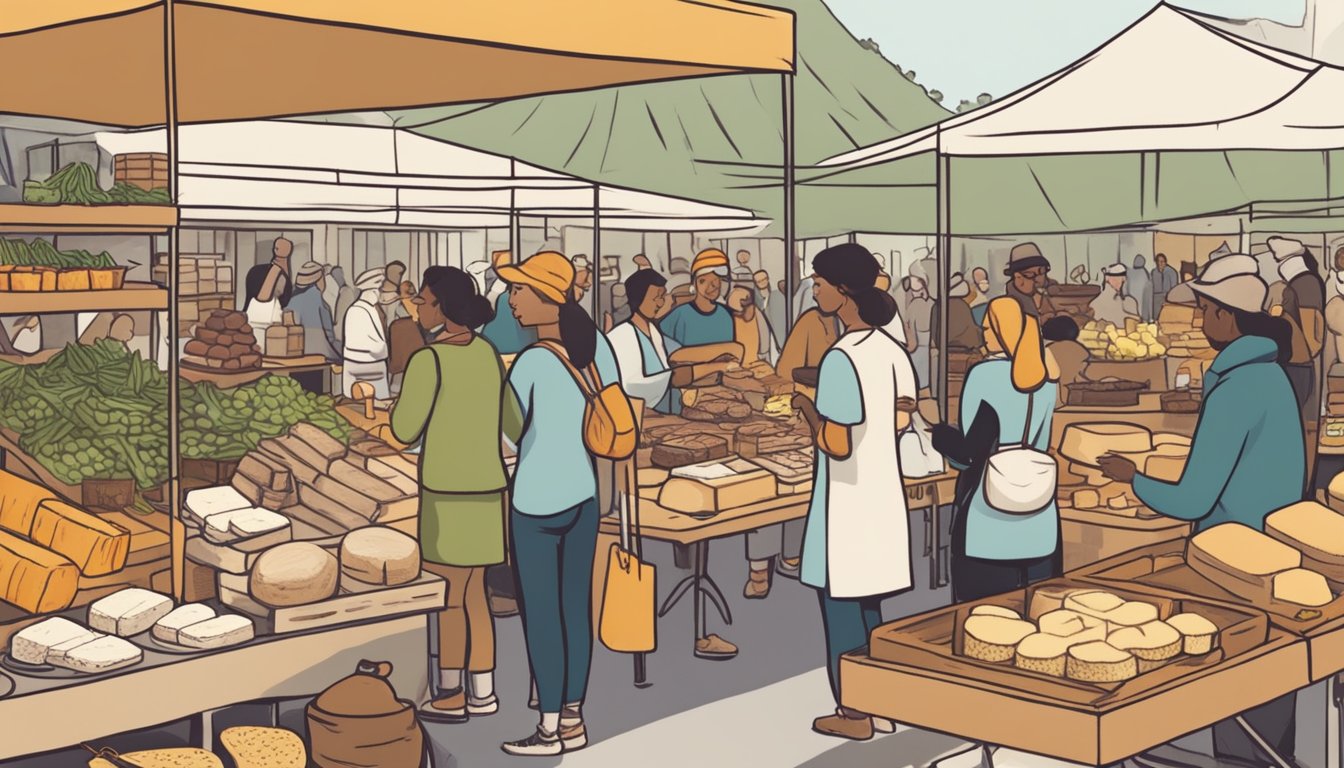 A bustling farmers market with vendors showcasing handmade cheeses, freshly baked bread, small-batch pickles, artisanal chocolates, and locally roasted coffee