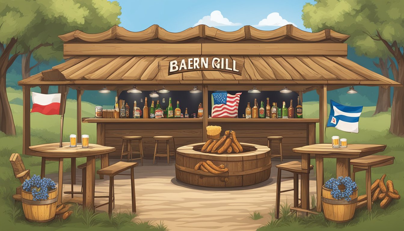 A rustic beer garden with wooden tables, pretzels, sausages, and steins of beer. A sign reads "Bavarian Grill" with a Texas flag flying above