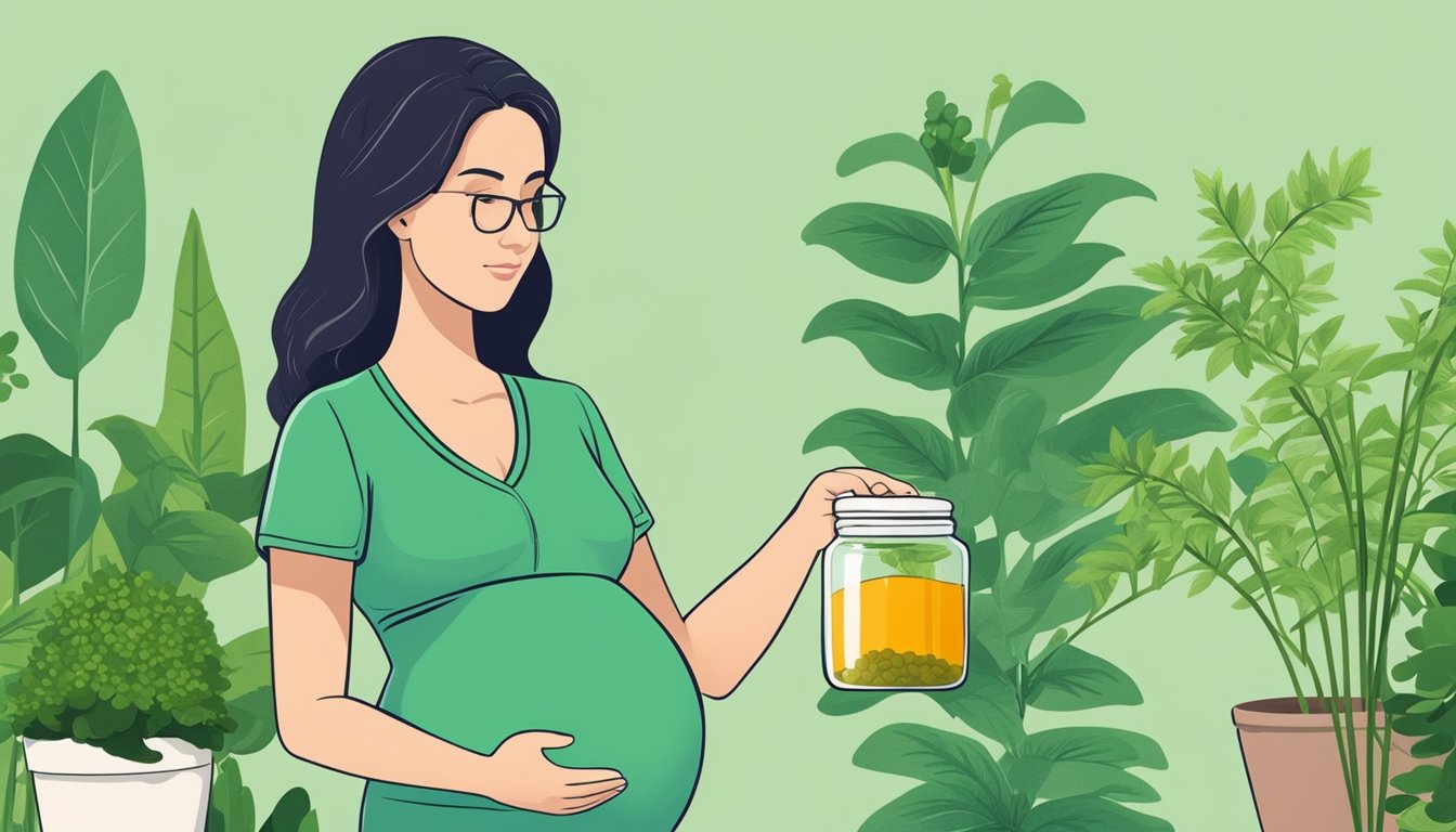 A pregnant woman holding a jar of chlorella, surrounded by healthy green plants and a doctor's office in the background