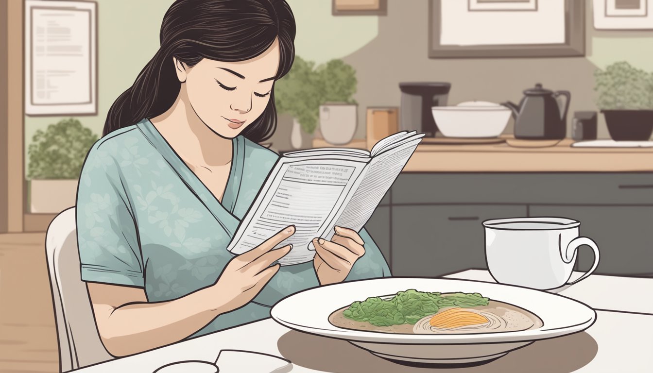 A pregnant woman holding a bowl of miso soup, with a concerned look on her face while reading a pregnancy safety pamphlet