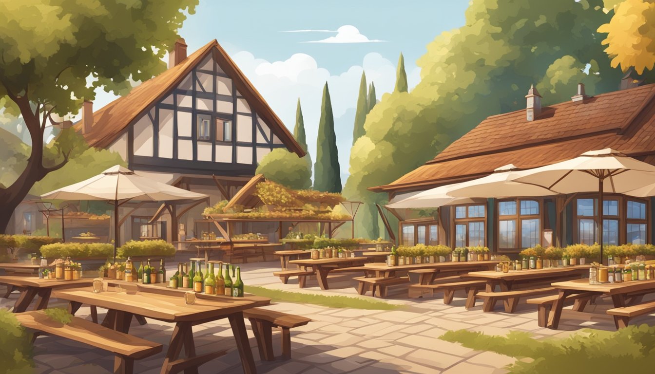 A rustic beer garden with wooden tables, pretzels, sausages, and beer steins. Vineyards and a brewery building in the background