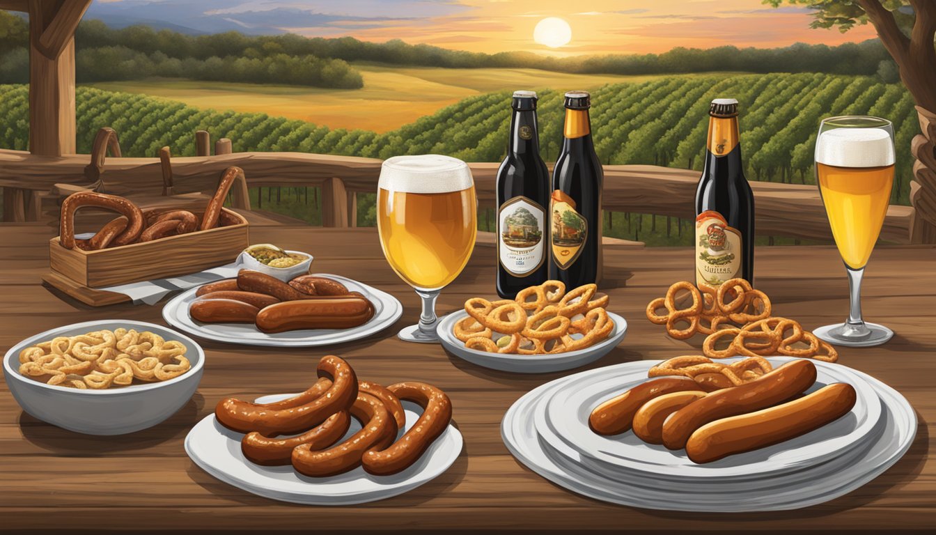 A rustic table set with pretzels, sausages, beer, and wine from Becker Vineyards, evoking a taste of Germany in the heart of Texas