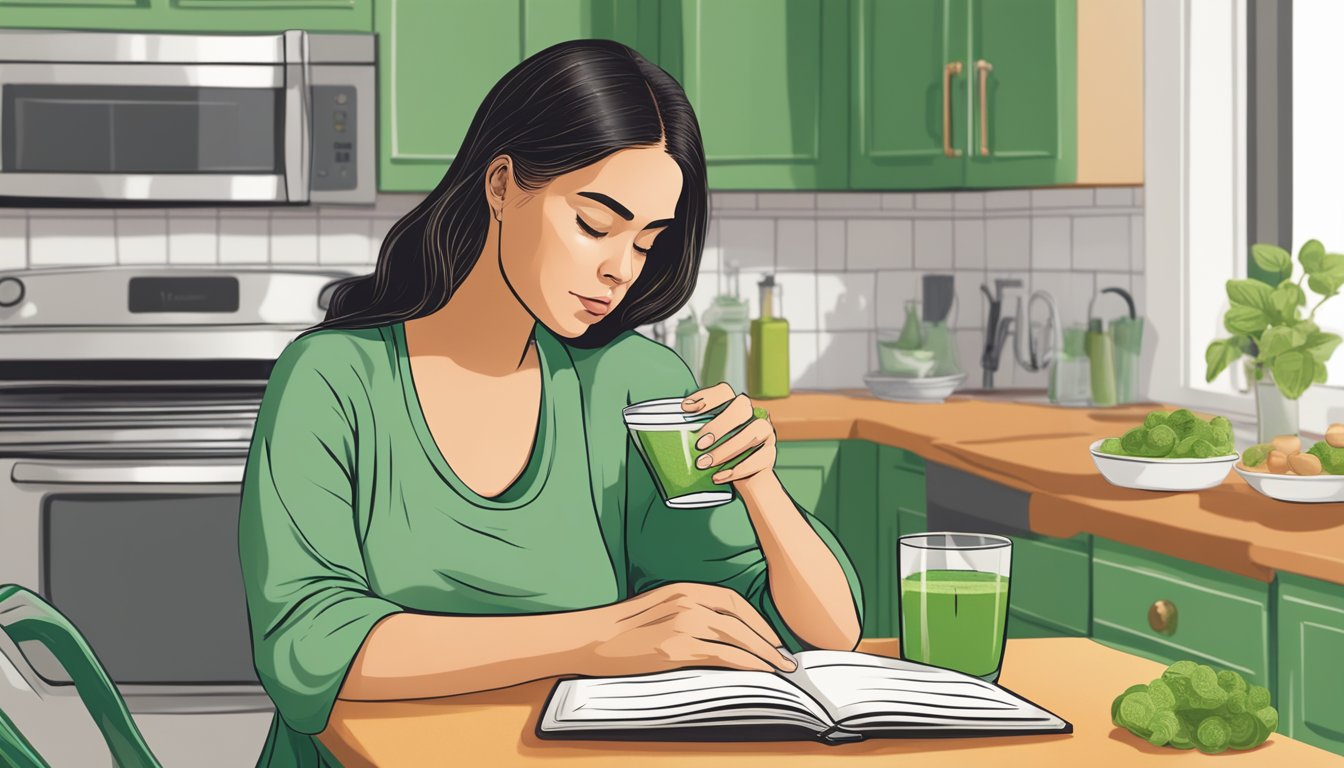 A pregnant woman sitting at a kitchen table, holding a glass of green chlorella smoothie, with a concerned expression on her face as she reads a book about chlorella and pregnancy