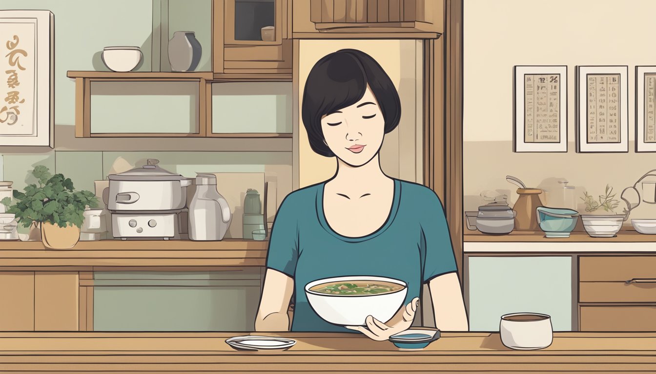 A pregnant woman holding a bowl of miso soup, with a question mark hovering over her head