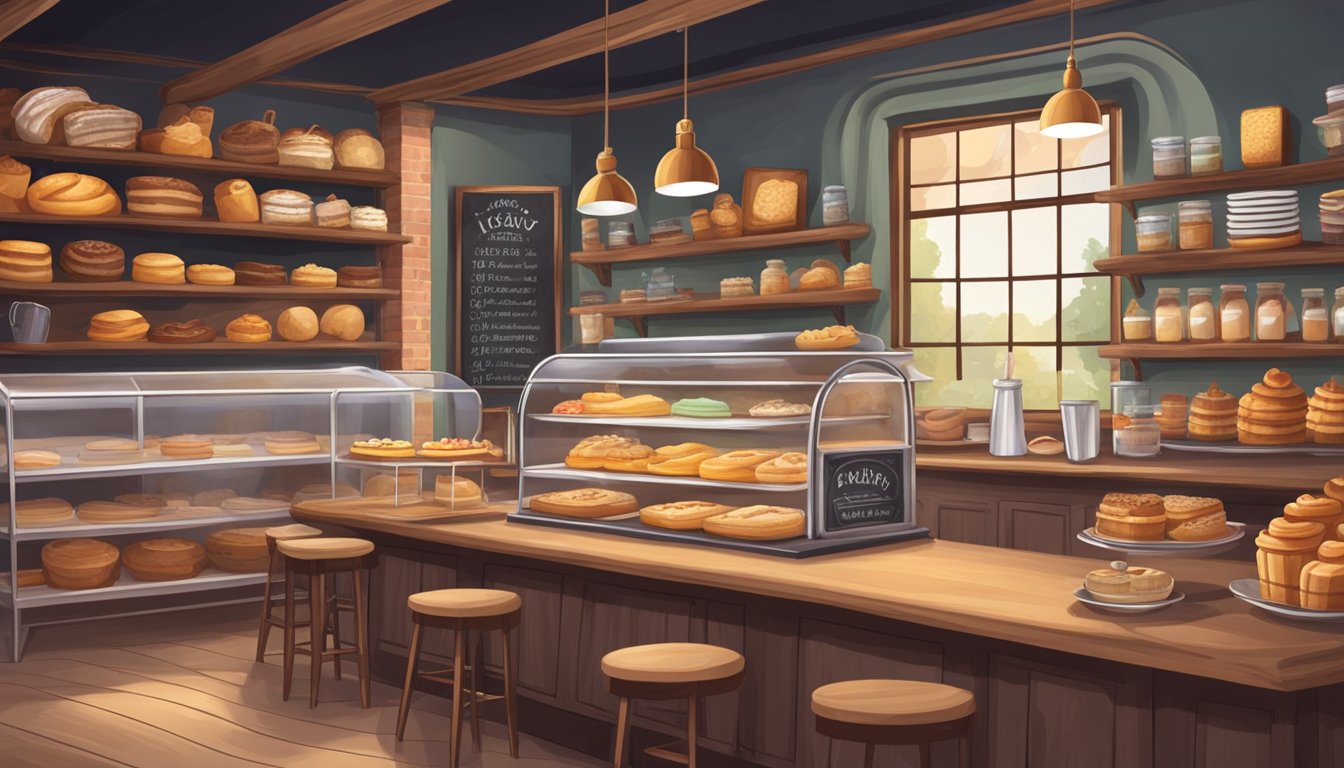 A cozy bakery with a rustic interior and shelves filled with freshly baked goods. A chalkboard menu displays a variety of non-alcoholic drinks