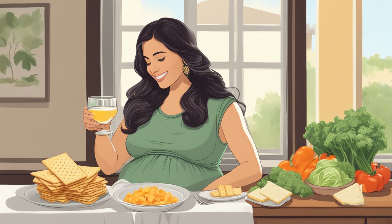 A pregnant woman enjoying a plate of queso fresco with fresh vegetables and crackers, accompanied by a glass of water