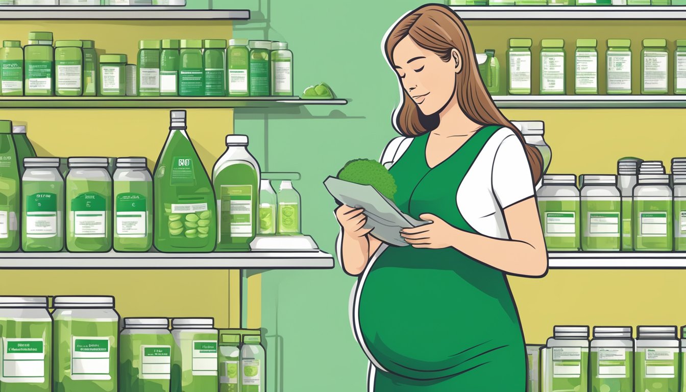 A pregnant woman holding a container of chlorella while reading safety and side effects information on the label