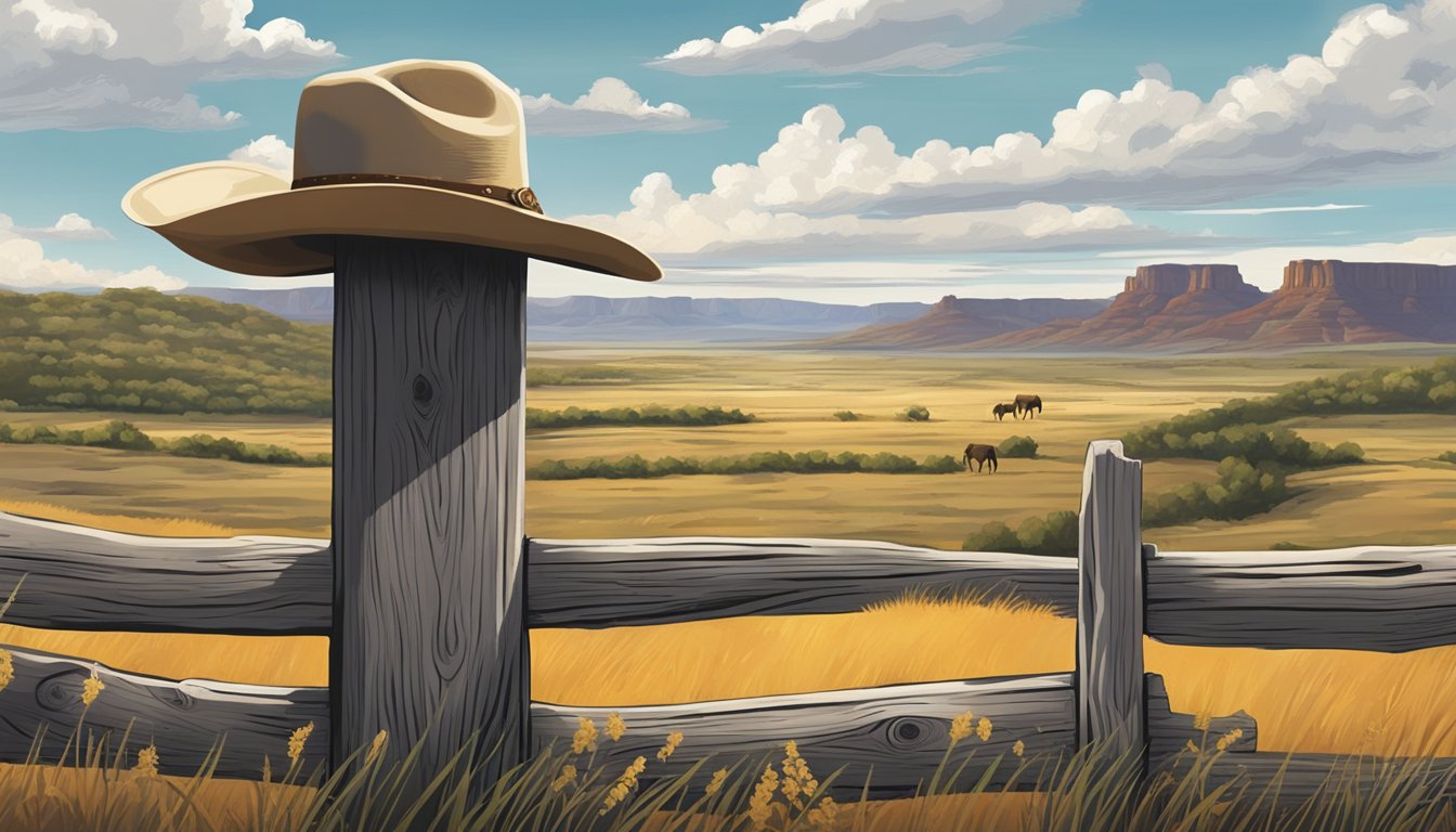 A lone cowboy hat rests on a weathered fence post, overlooking a vast Texas landscape dotted with hidden gem destinations