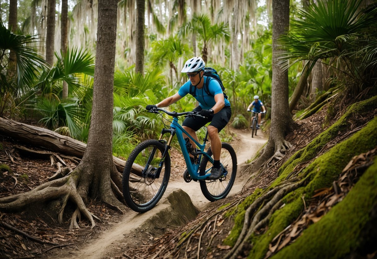 A standard bike maneuvering through narrow, winding trails in a lush Florida forest, easily navigating over roots and rocks