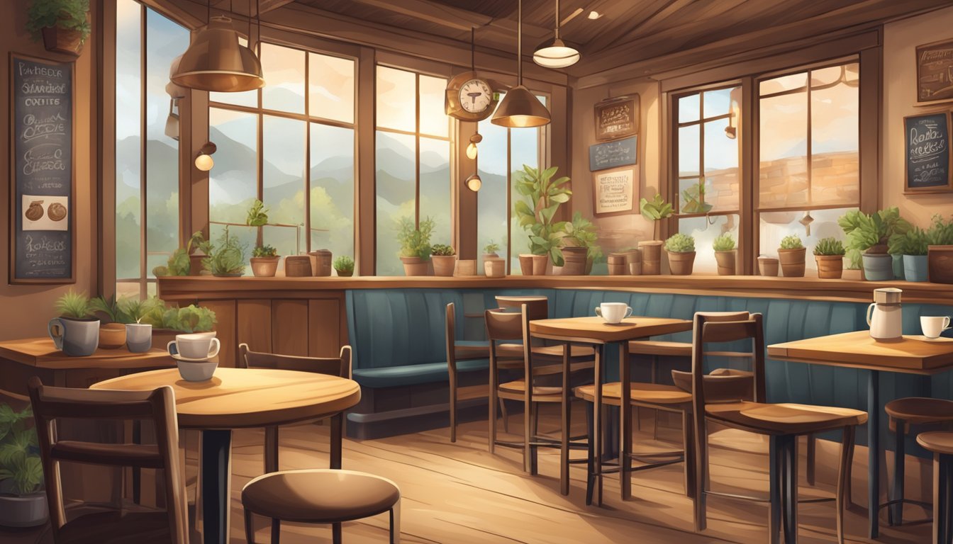 A cozy coffee shop with rustic decor, filled with the aroma of freshly baked goods and the sound of steaming milk frothers