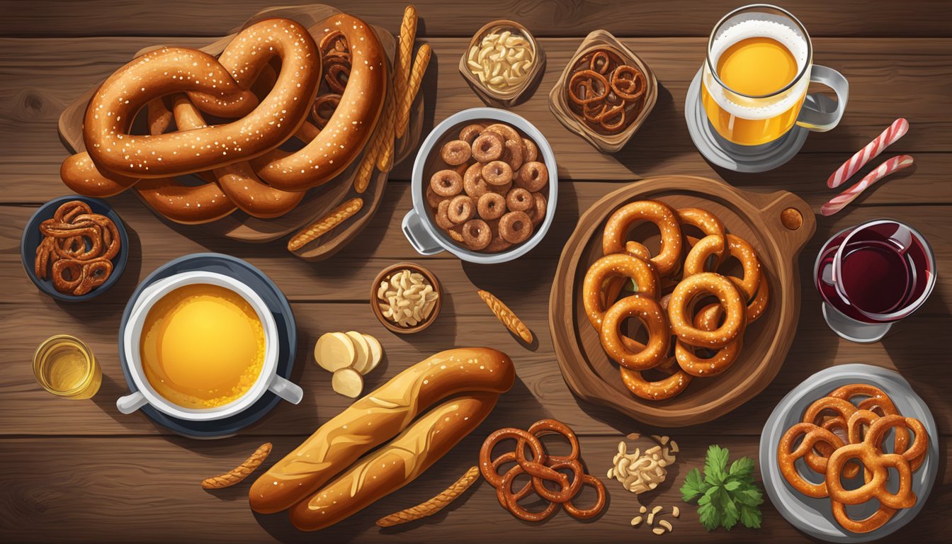 A rustic wooden table adorned with freshly baked pretzels, sausages, and glasses of beer and wine, evoking a taste of Germany in the heart of Texas