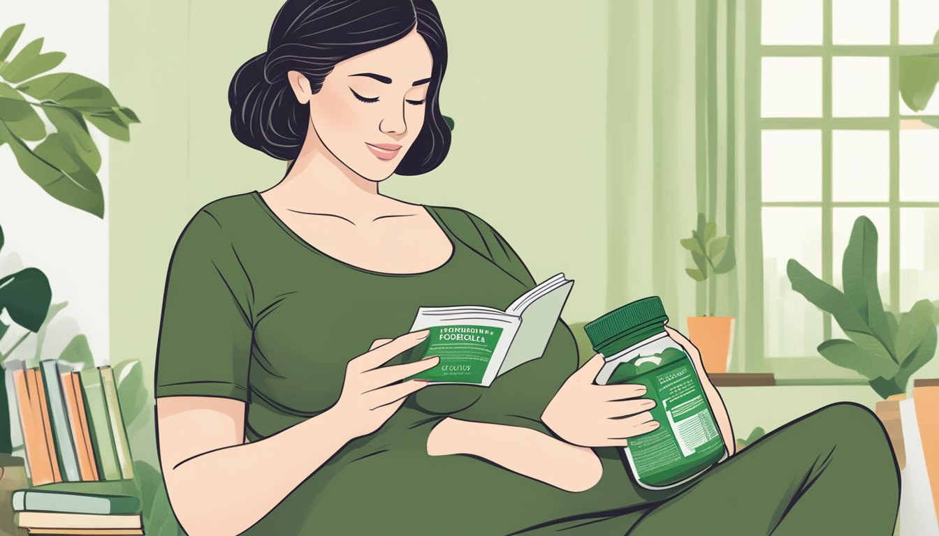 A pregnant woman holding a jar of chlorella capsules while reading a book on nutrition