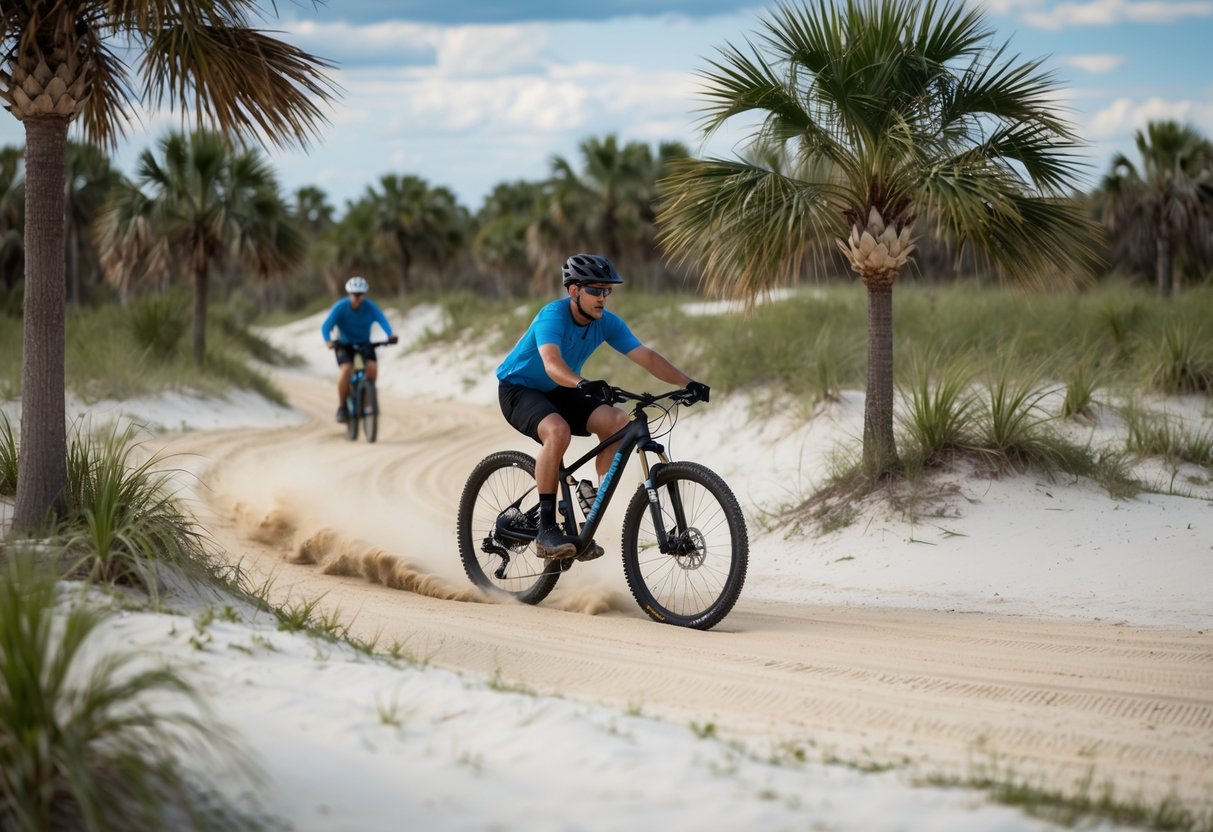 A standard bike navigates through sandy Florida trails, maneuvering around palm trees and over small dunes, showcasing the natural beauty and rugged terrain