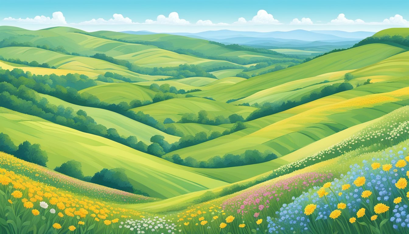 Rolling hills and sprawling fields dotted with wildflowers, framed by a clear blue sky and distant mountains