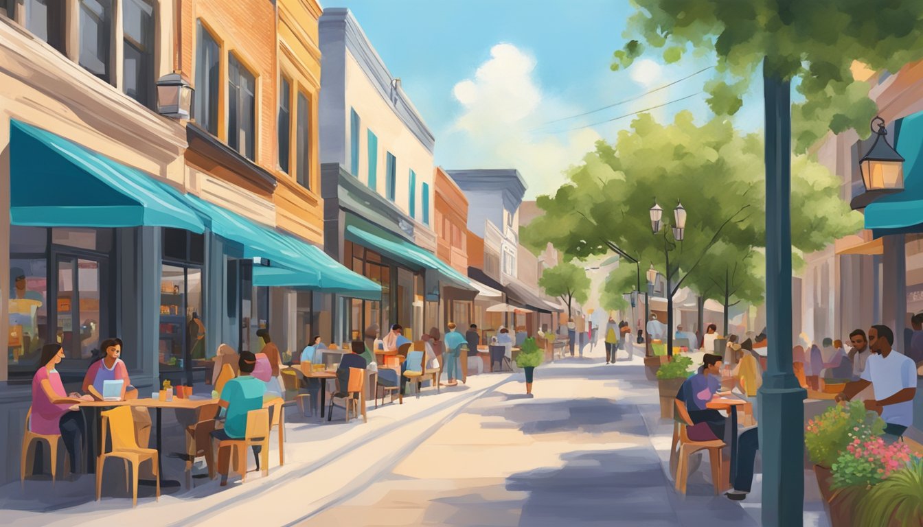 A bustling street in Halcyon, San Antonio with colorful storefronts and outdoor seating at trendy cafes and juice bars