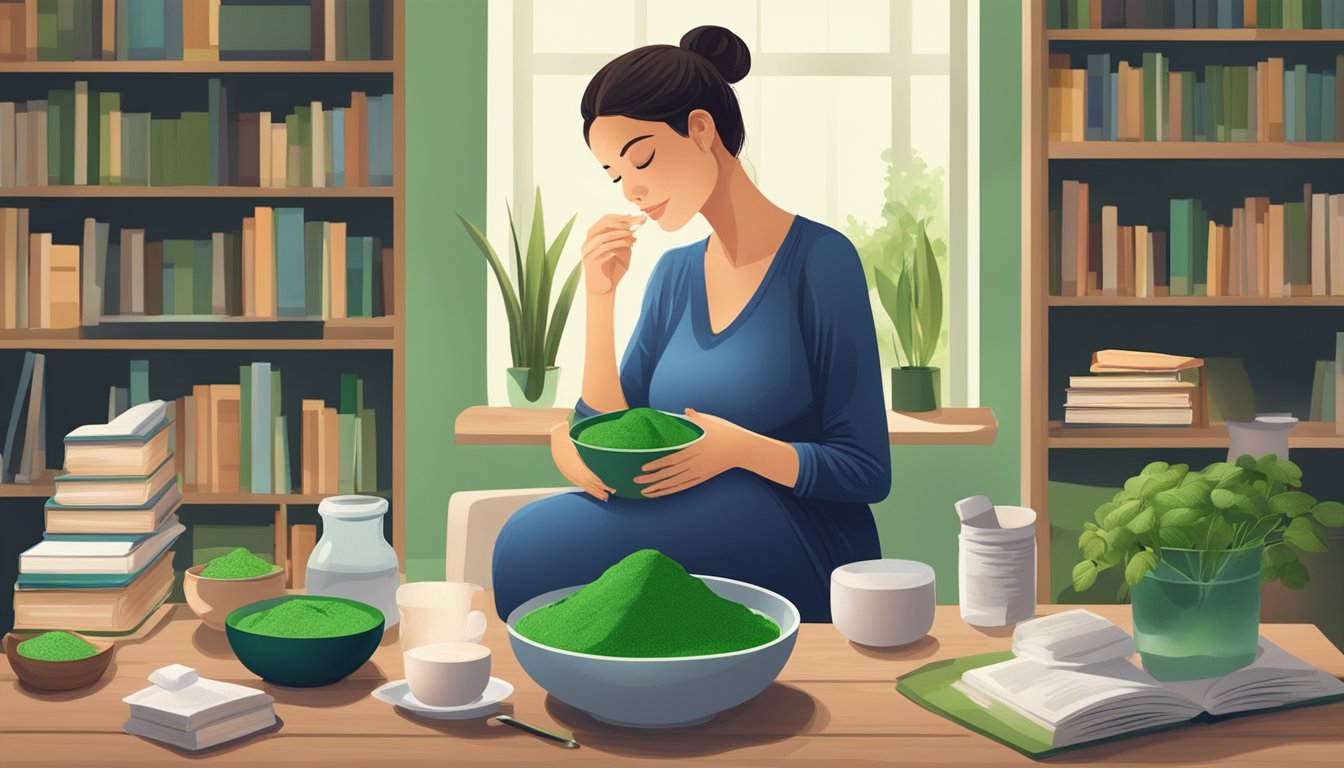 A pregnant woman sitting at a table with a bowl of chlorella powder, surrounded by books on breastfeeding and nutrition