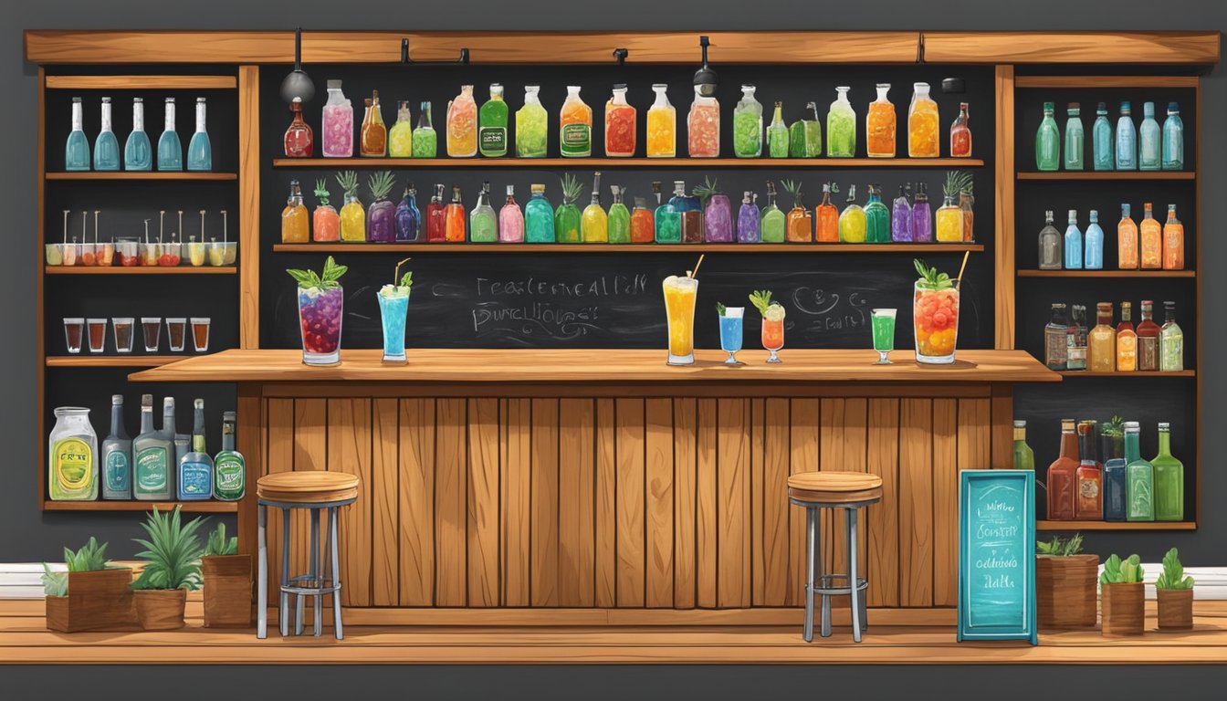 A rustic wooden bar with colorful mocktail ingredients and garnishes displayed on shelves. A chalkboard lists creative non-alcoholic drink options. Texas-themed decor adorns the walls