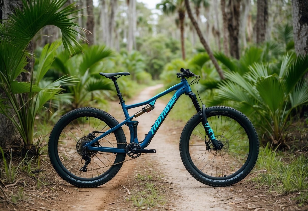 A standard bike tackles rugged trails amidst lush Florida foliage, leaving no carbon footprint