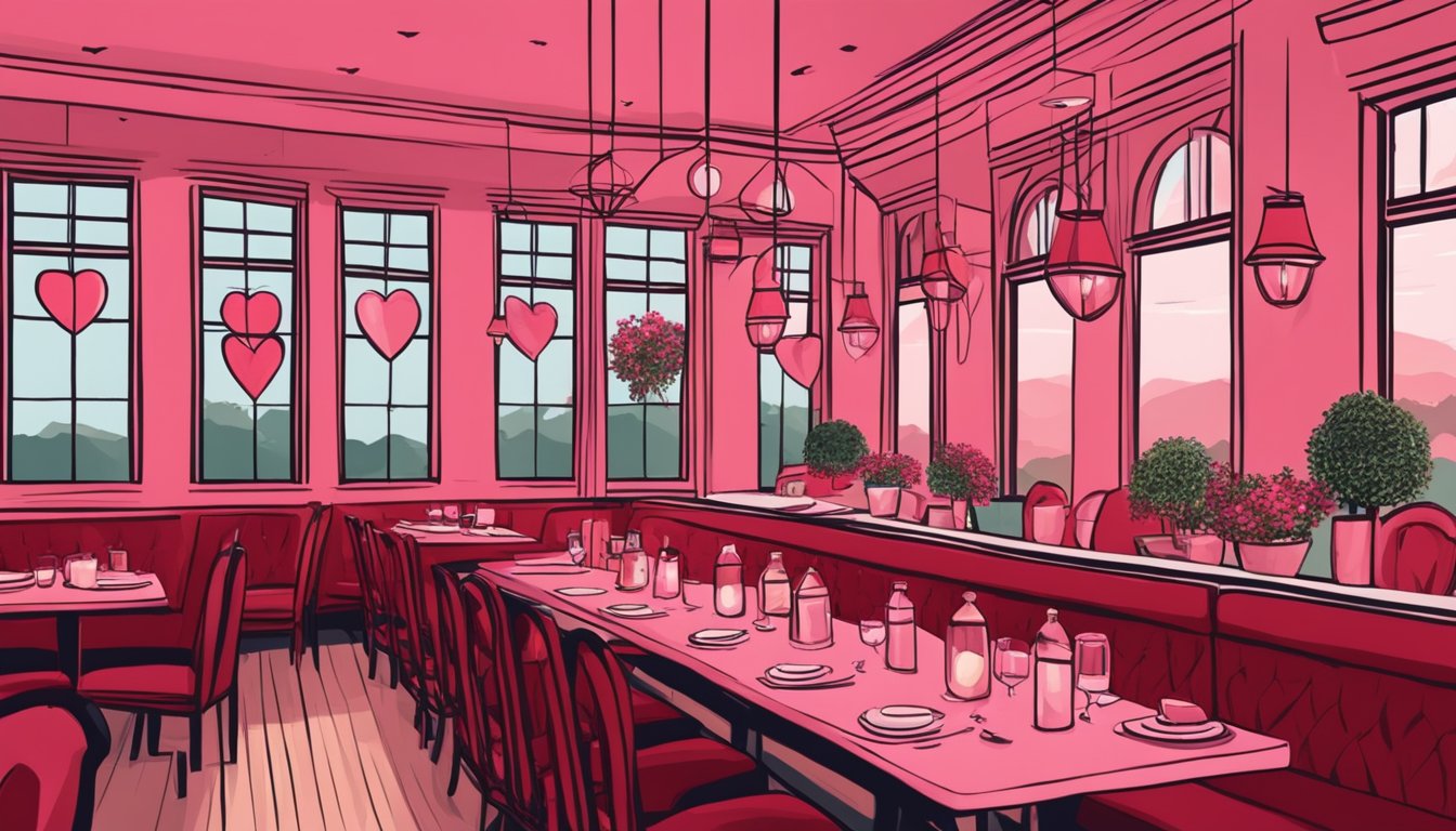 A cozy restaurant in Austin, Texas, decorated with romantic red and pink accents. Tables are set with candles and flowers for Valentine's Day