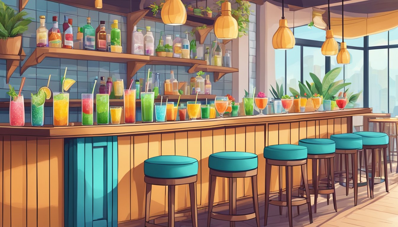 A cozy cafe with colorful mocktails lined up on the bar, surrounded by trendy decor and lively chatter