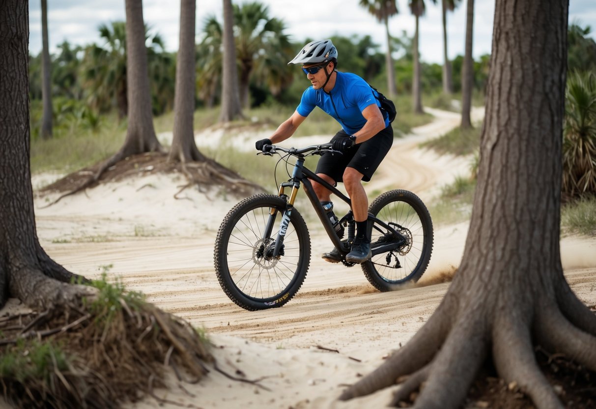 A standard bike conquers rugged Florida trails, maneuvering through sandy paths and over tree roots with ease