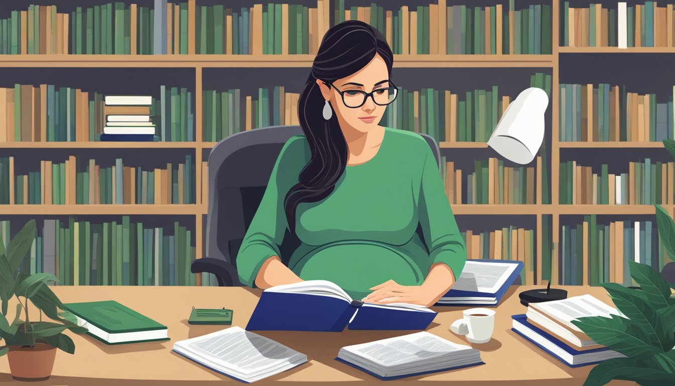 A pregnant woman researching chlorella and spirulina, surrounded by open books and a laptop, with a concerned expression