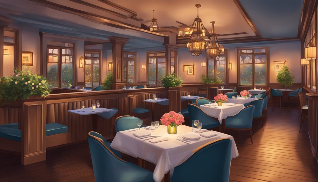 The cozy interior of Fearings Restaurant is aglow with soft lighting, elegant table settings, and romantic ambiance, perfect for a Valentine's Day dinner