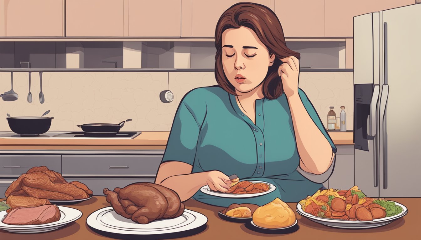 A pregnant woman hesitates over a plate of undercooked meats, with a concerned expression on her face