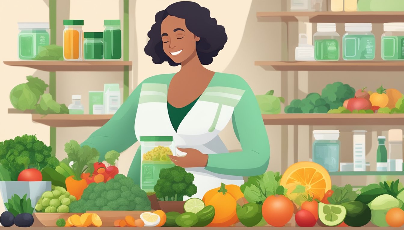 A pregnant woman holding a jar of chlorella powder, surrounded by fresh fruits and vegetables, with a doctor's approval stamp in the background