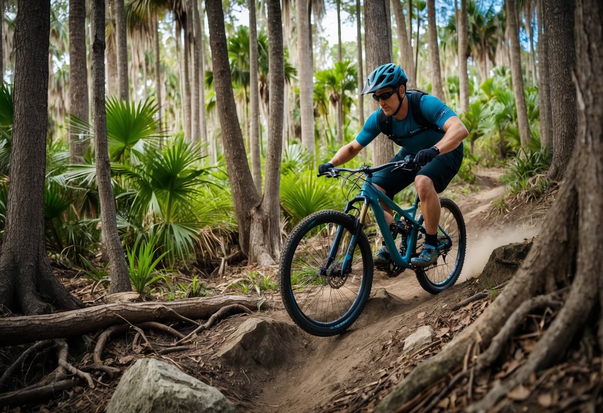 A standard bike navigates narrow trails in a lush Florida forest, with its rider effortlessly maneuvering over roots and rocks