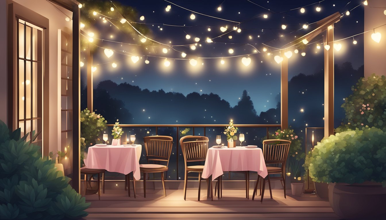 A cozy garden patio at night, adorned with twinkling lights and filled with elegant tables set for a romantic Valentine's Day dinner