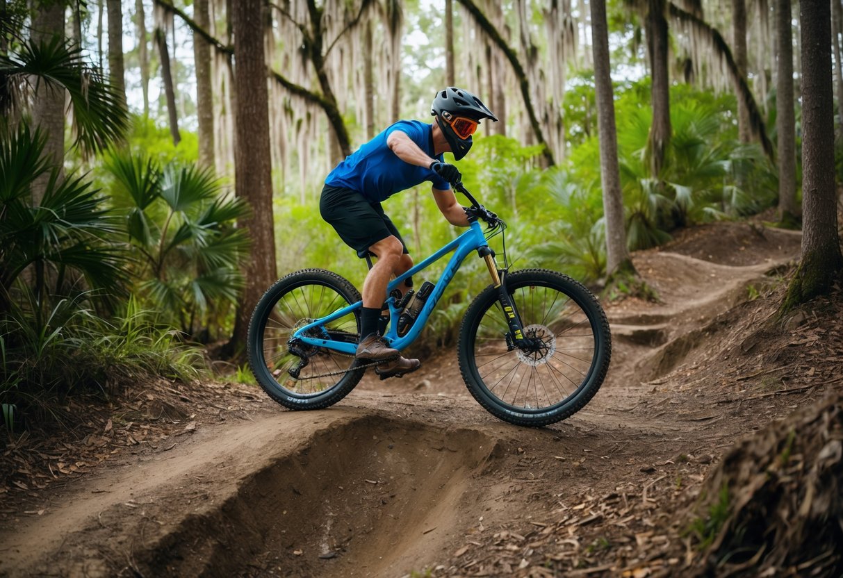 A standard bike conquering a rugged trail in a lush Florida forest, with challenging terrain and natural obstacles