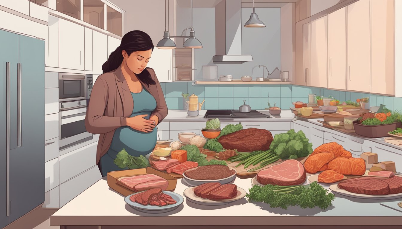 A pregnant woman hesitantly examines a raw steak, while nearby, a variety of cooked meats and plant-based protein options are displayed on a table