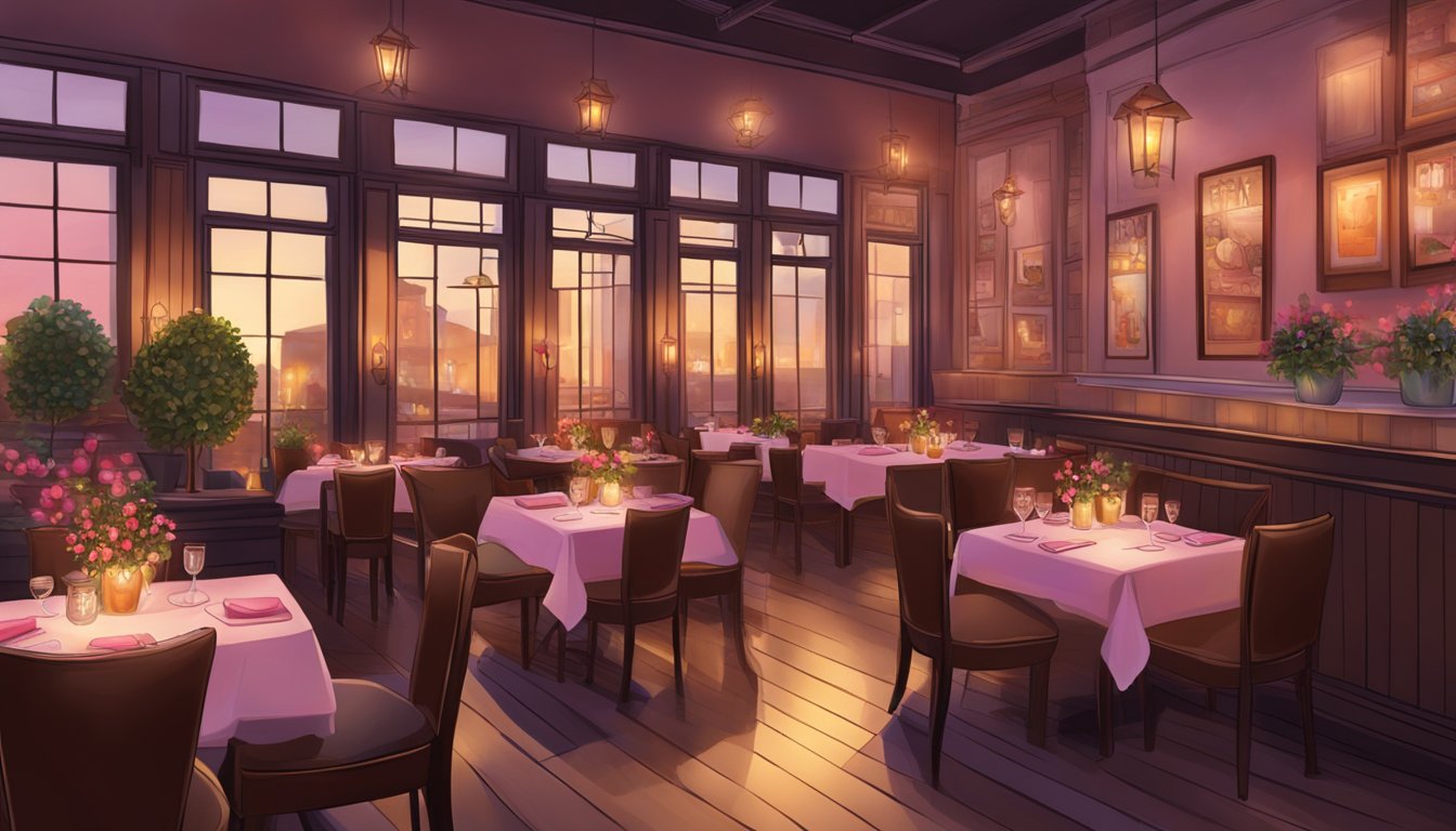 A cozy restaurant in San Antonio, adorned with romantic Valentine's Day decor, dim lighting, and elegant table settings