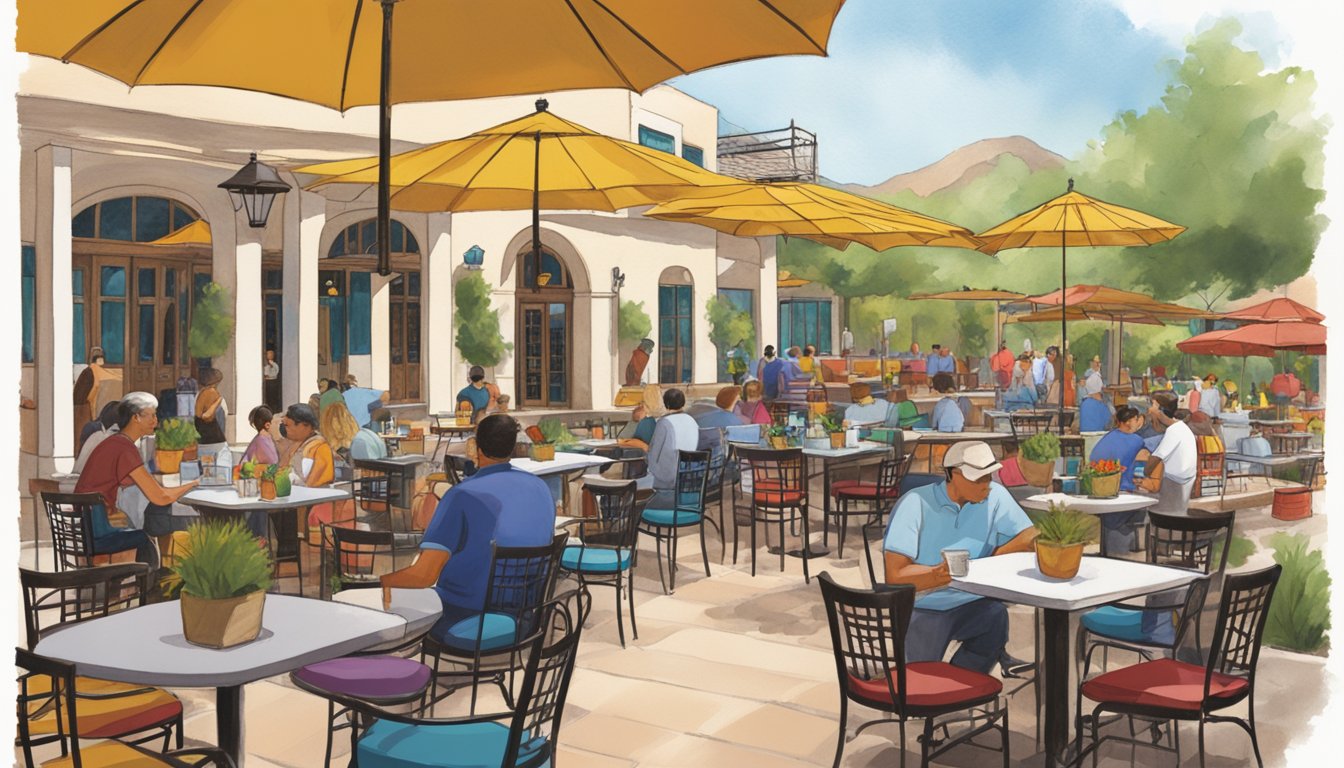 A bustling outdoor patio at Jett's Grill, with colorful umbrellas and tables, set against the backdrop of the Hotel Paisano's historic adobe architecture