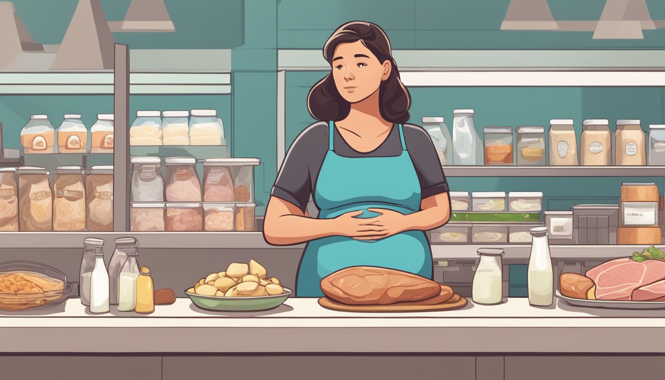 A pregnant woman standing in front of a counter with dairy products and unpasteurized foods on one side and undercooked meats on the other, looking unsure