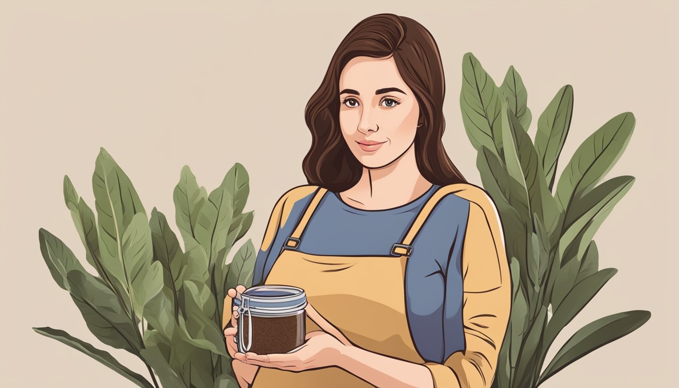 A pregnant woman holding a jar of carob powder, looking at it with a questioning expression