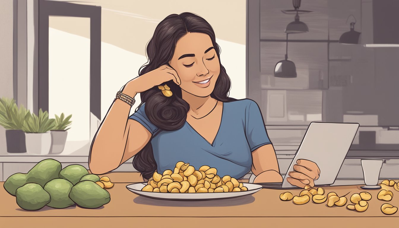 A pregnant woman sitting at a table, enjoying a handful of raw cashews with a content expression on her face