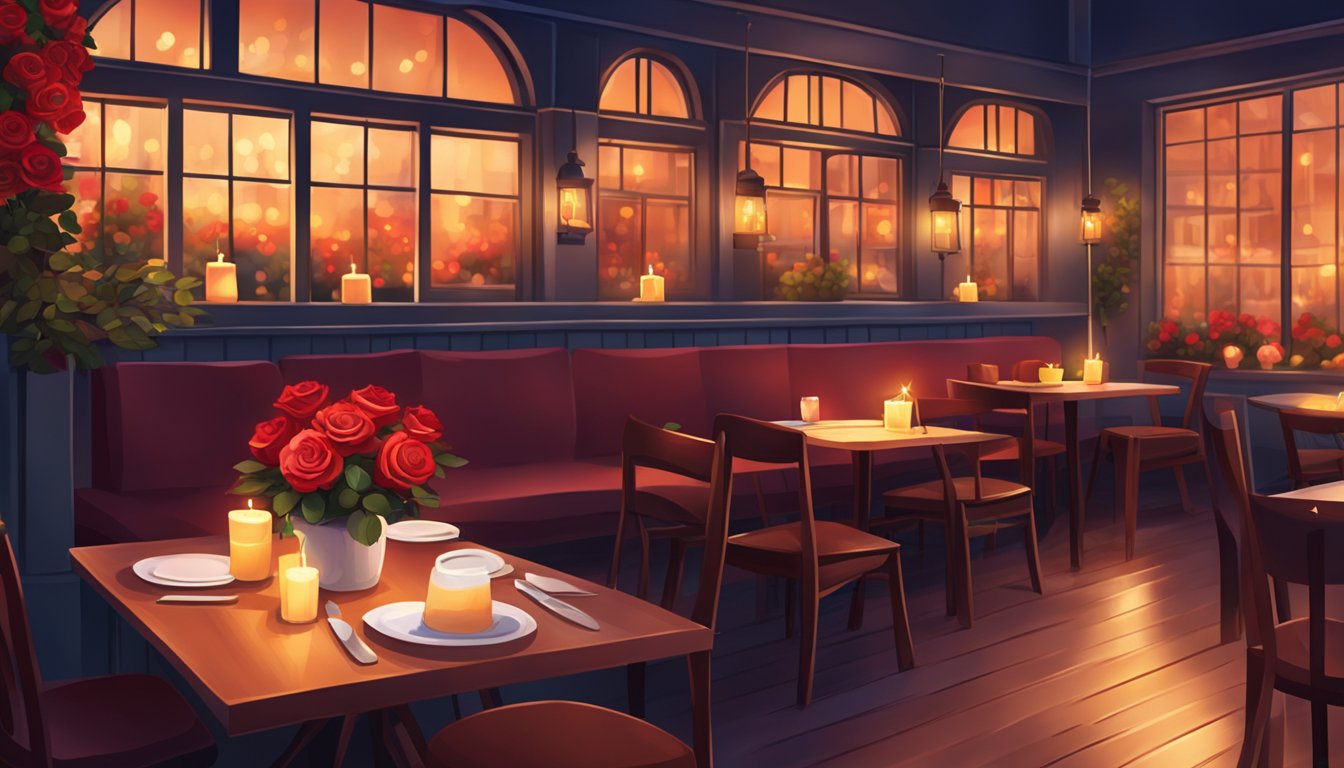 A cozy, candlelit cafe with red roses on each table, soft jazz music in the background, and a warm, inviting atmosphere