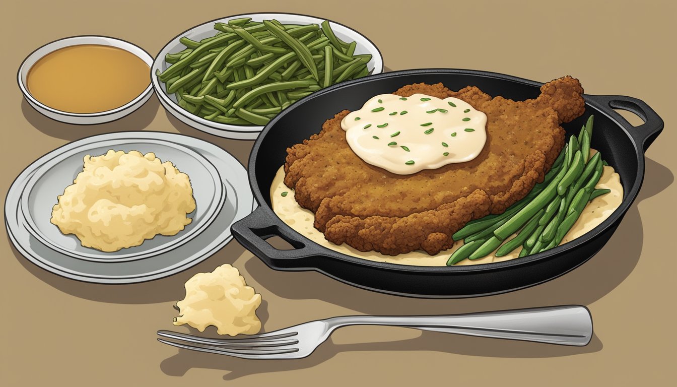 A sizzling cast iron skillet holds a golden-brown chicken fried steak, surrounded by a spread of mashed potatoes and gravy, with a side of buttery green beans