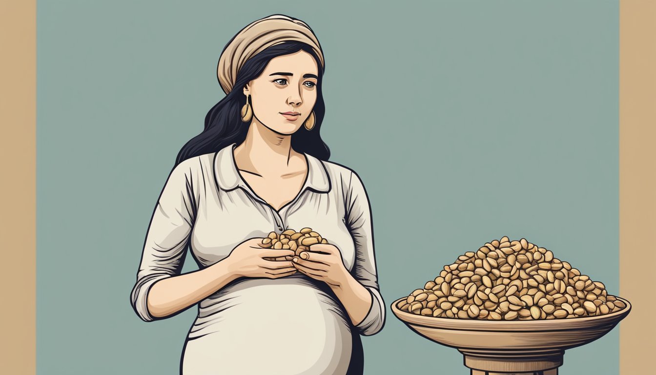 A pregnant woman holding a handful of raw cashews, with a concerned expression on her face as she looks at the nuts