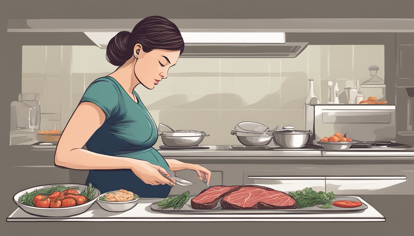 A pregnant woman avoiding undercooked meats, with a clear "X" over a raw steak