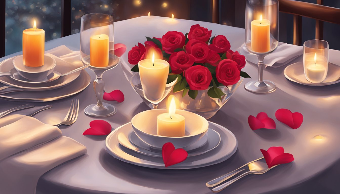 A romantic table set for two with candlelight and rose petals at Brennan's of Houston for Valentine's Day