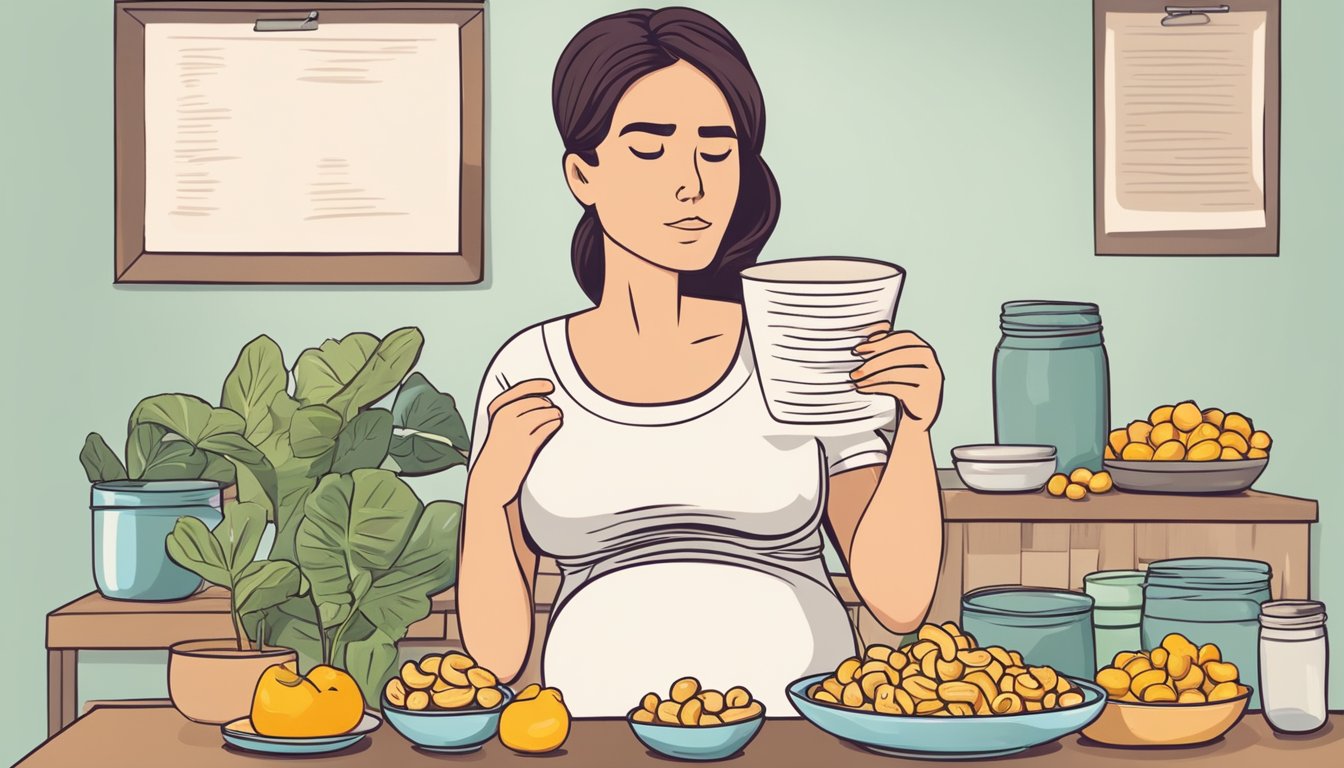 A pregnant woman holding a bowl of raw cashews, with a concerned expression on her face, looking at a list of foods to avoid during pregnancy