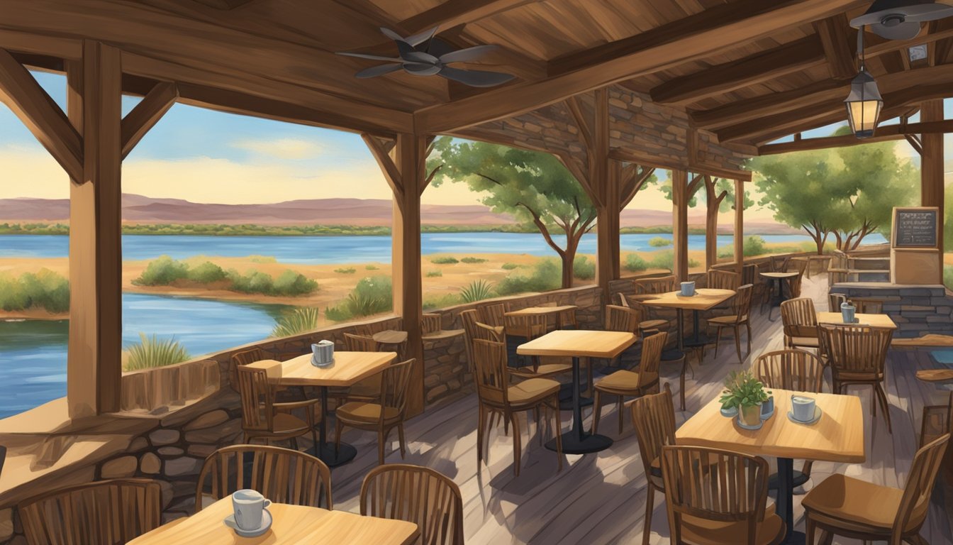 A quaint café nestled by the Pecos River, surrounded by rugged West Texas scenery. Outdoor seating overlooks the water, while the warm interior exudes a cozy, inviting atmosphere